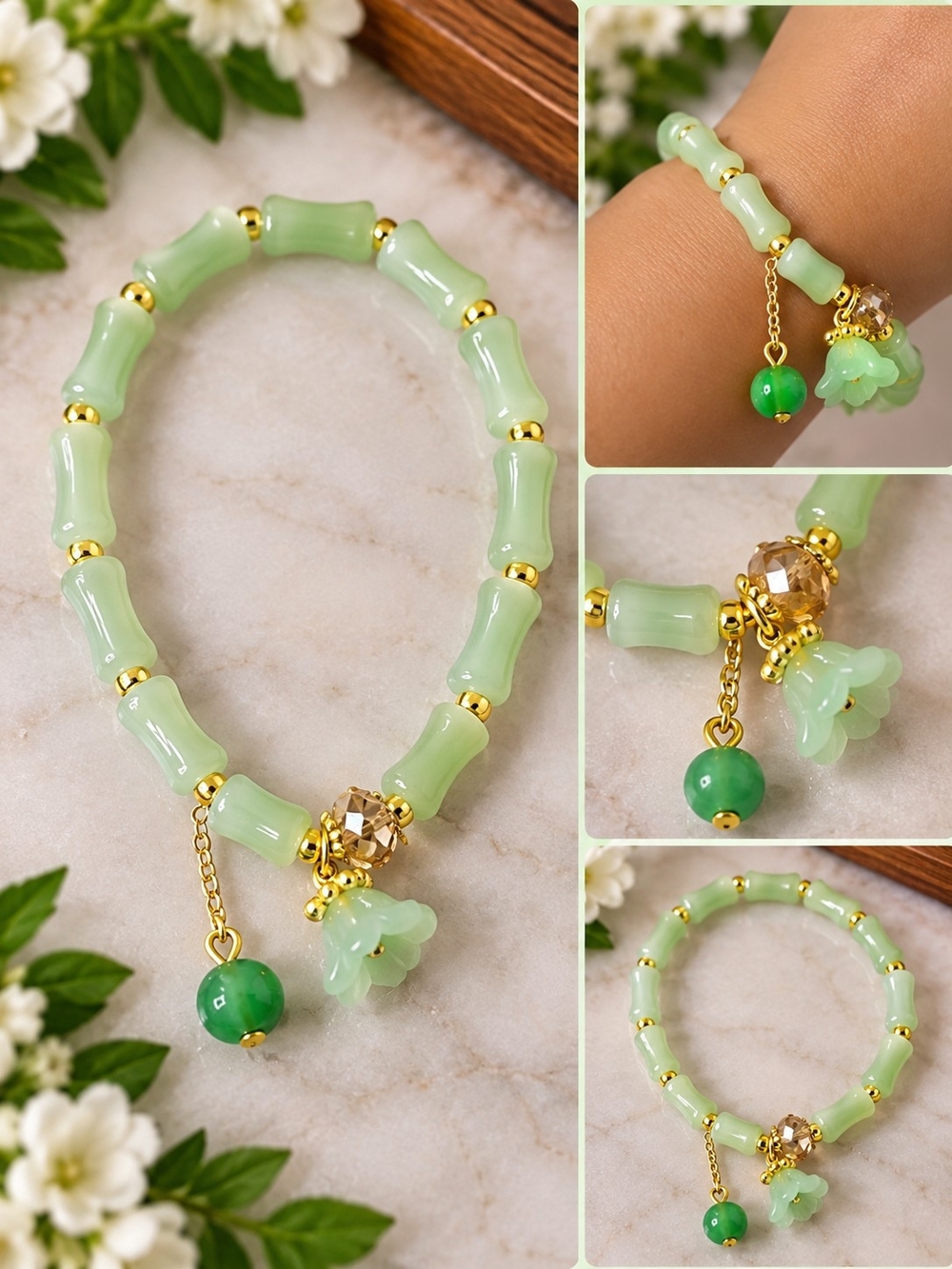 Gold-Accent Light Green Beaded Charm Bracelet